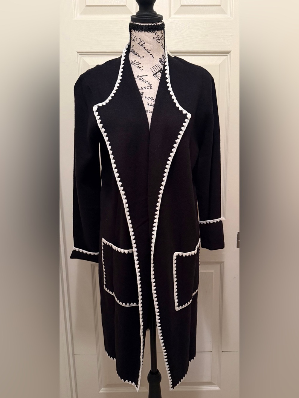 Black Open-Front Cardigan Sweater with White Trim